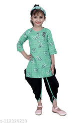 Hariyal Creation kids green checked Patiala suit for girls - cotton silk anarkali, knee length with short sleeves, party/casual wear in sizes 3-4 Years, 4-5 Years, 5-6 Years, and more. Indian ethnic kids wear
